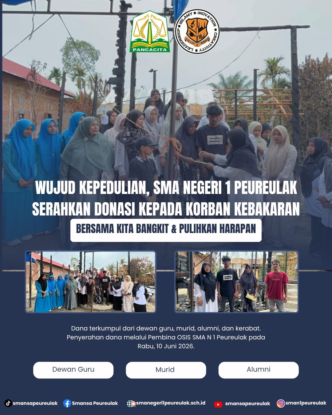 Wujud Kepedulian, SMA Negeri 1 Peureulak Serahkan Donasi kepada Korban Kebakaran